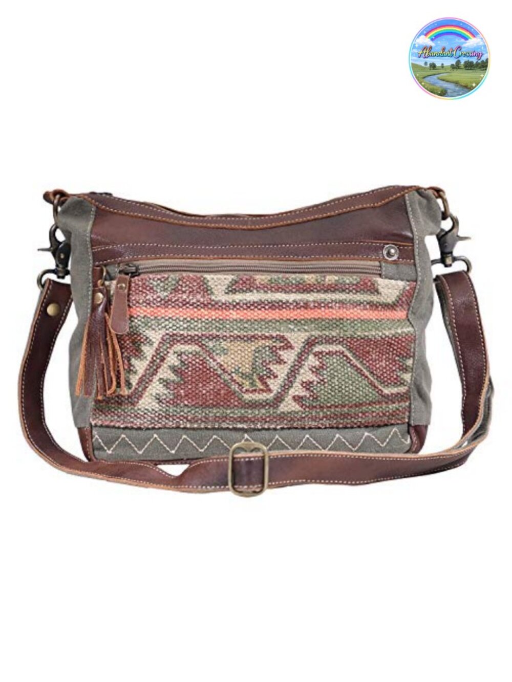 Canvas Aztec Boho Shoulder Bag with Real Leather Accents
